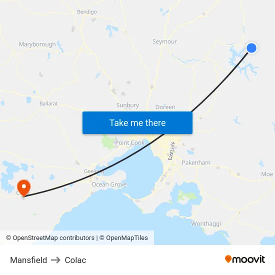 Mansfield to Colac map