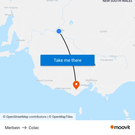 Merbein to Colac map