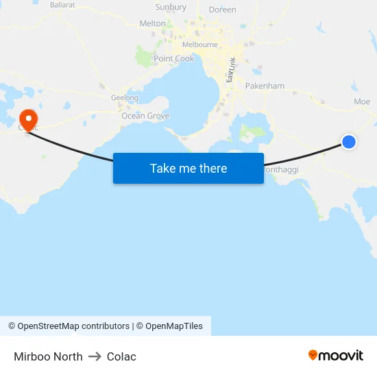 Mirboo North to Colac map