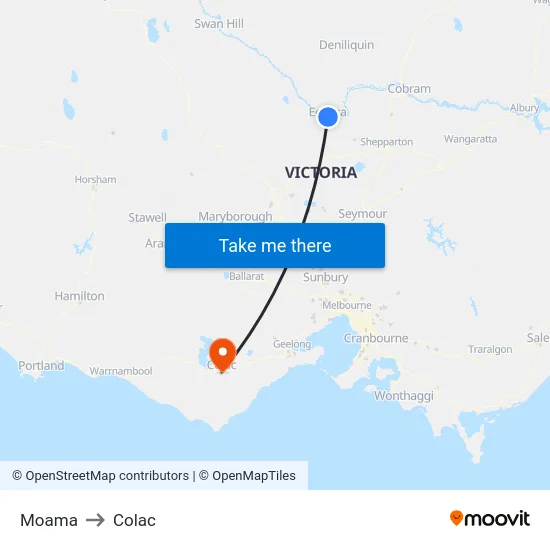 Moama to Colac map