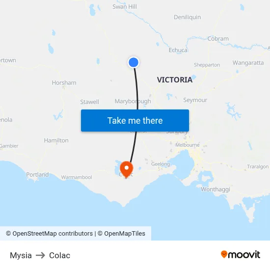 Mysia to Colac map