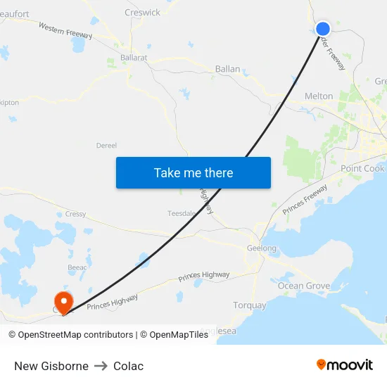 New Gisborne to Colac map