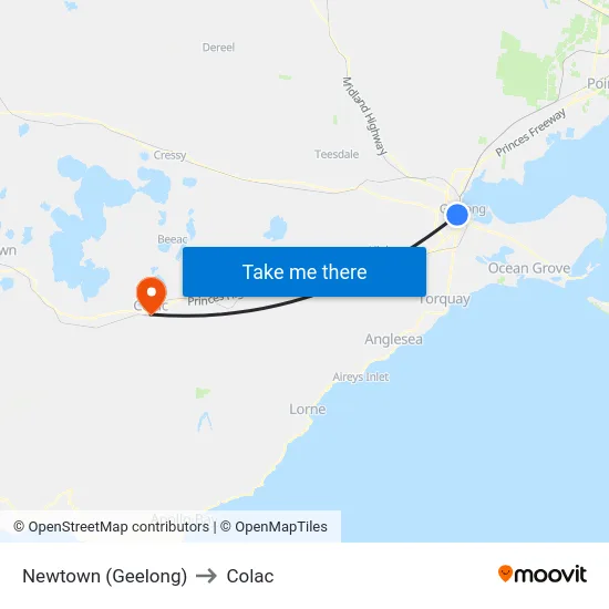 Newtown (Geelong) to Colac map