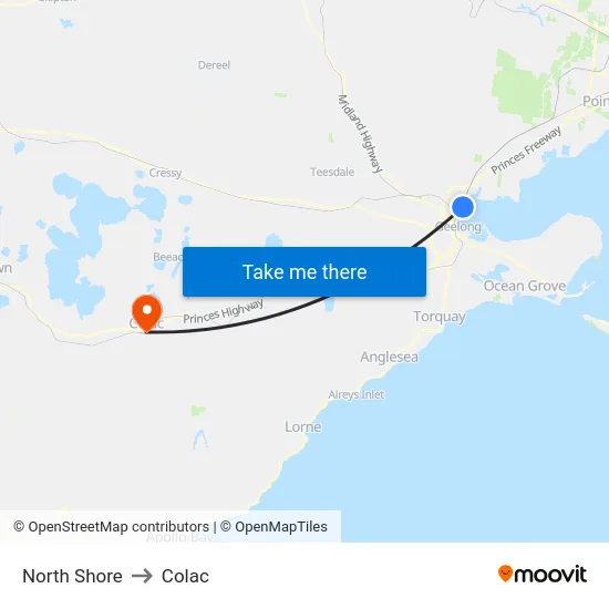 North Shore to Colac map