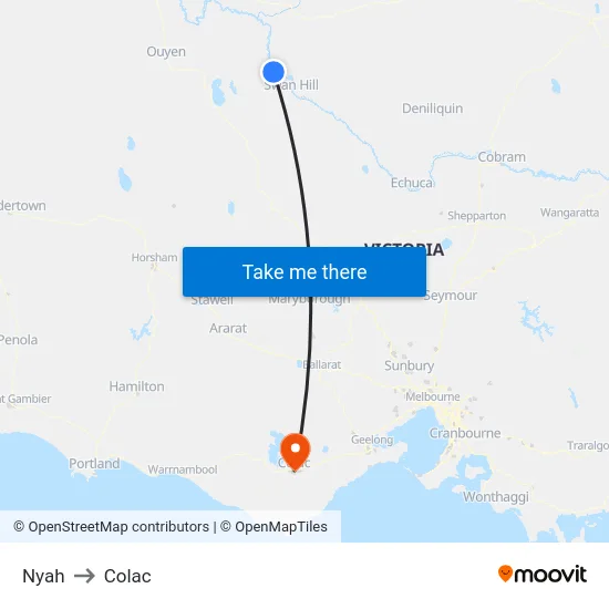 Nyah to Colac map