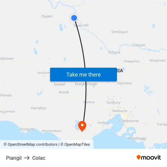 Piangil to Colac map