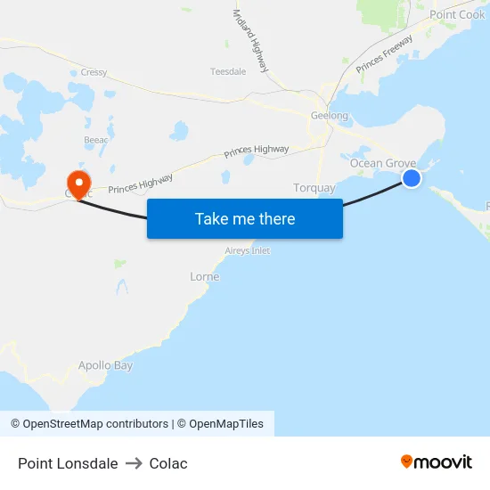 Point Lonsdale to Colac map
