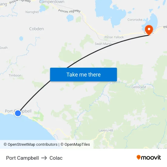 Port Campbell to Colac map