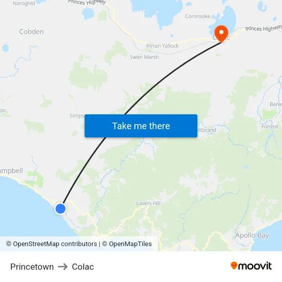 Princetown to Colac map