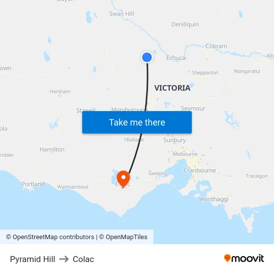 Pyramid Hill to Colac map