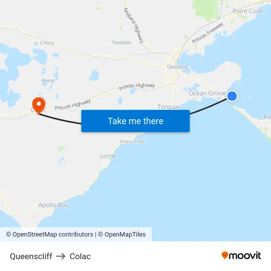 Queenscliff to Colac map