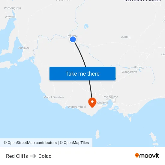 Red Cliffs to Colac map