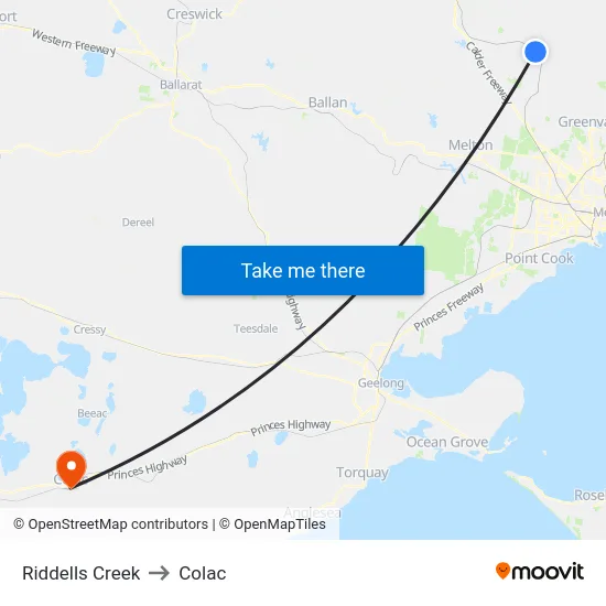 Riddells Creek to Colac map