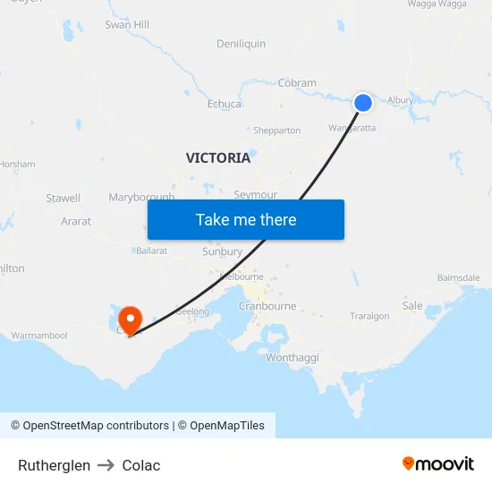 Rutherglen to Colac map