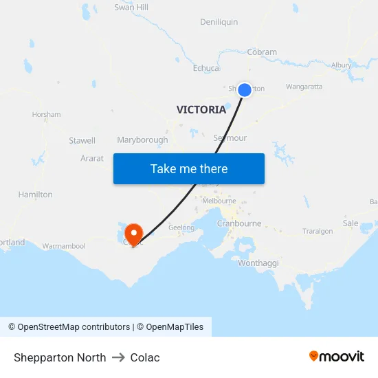 Shepparton North to Colac map