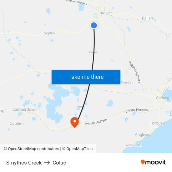 Smythes Creek to Colac map