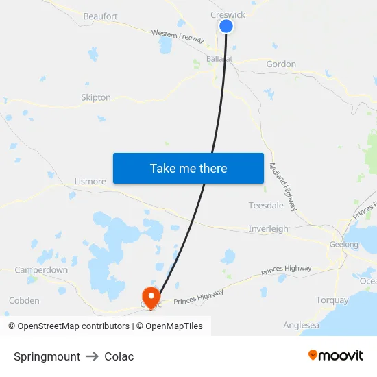 Springmount to Colac map