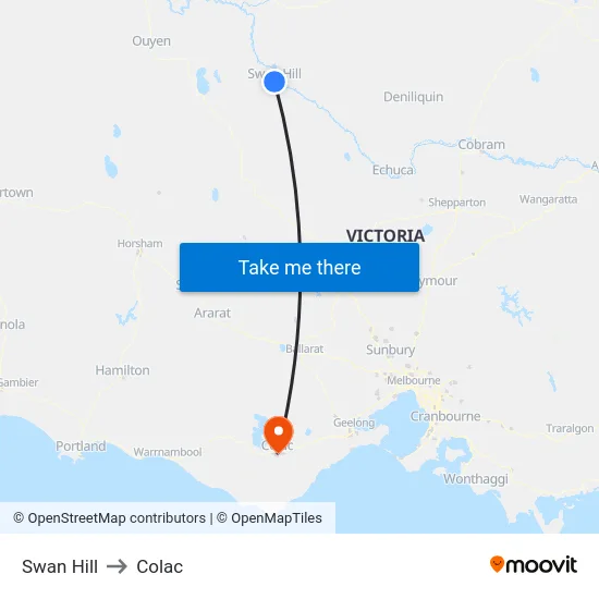 Swan Hill to Colac map