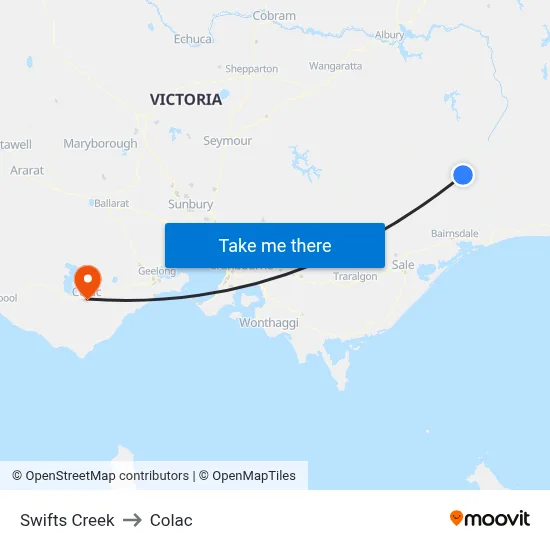 Swifts Creek to Colac map