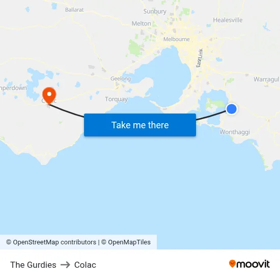 The Gurdies to Colac map