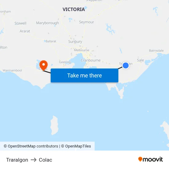 Traralgon to Colac map