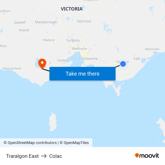 Traralgon East to Colac map