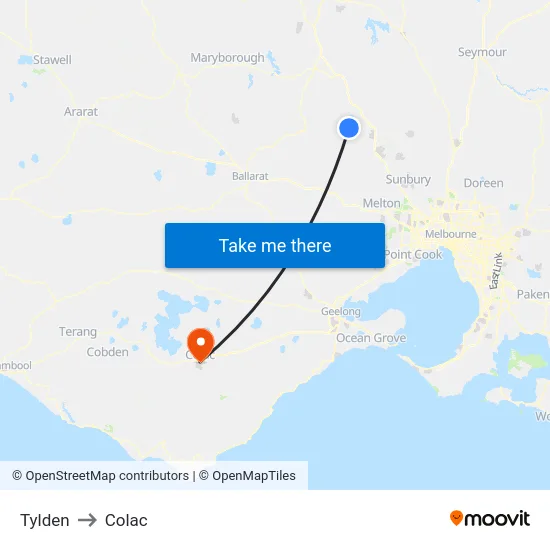 Tylden to Colac map