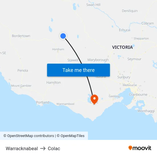 Warracknabeal to Colac map
