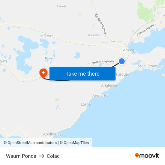 Waurn Ponds to Colac map