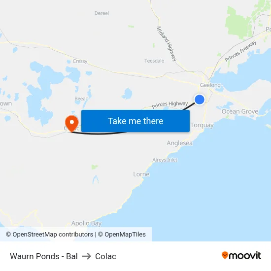 Waurn Ponds - Bal to Colac map