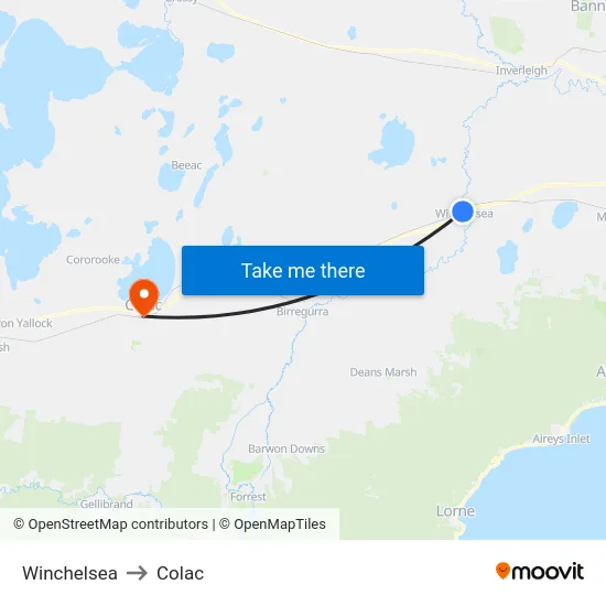 Winchelsea to Colac map