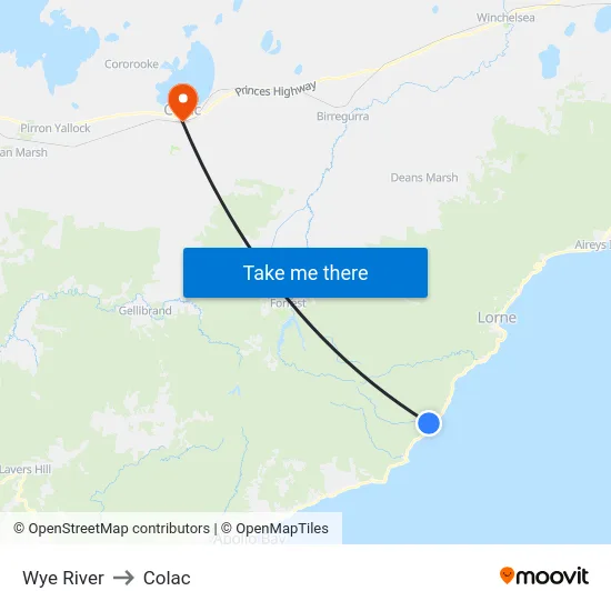 Wye River to Colac map