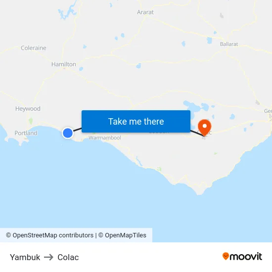Yambuk to Colac map