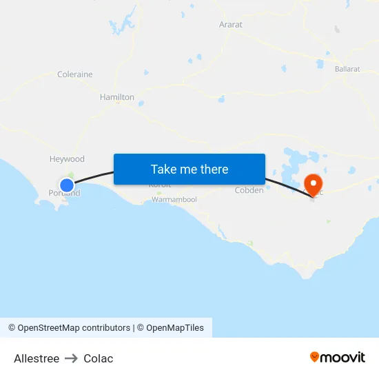 Allestree to Colac map