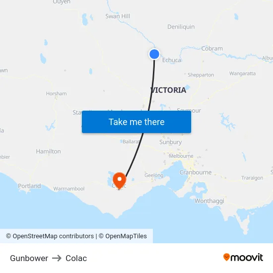 Gunbower to Colac map