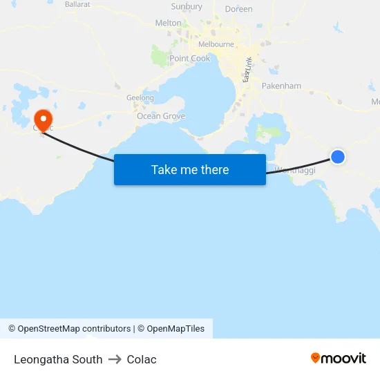 Leongatha South to Colac map