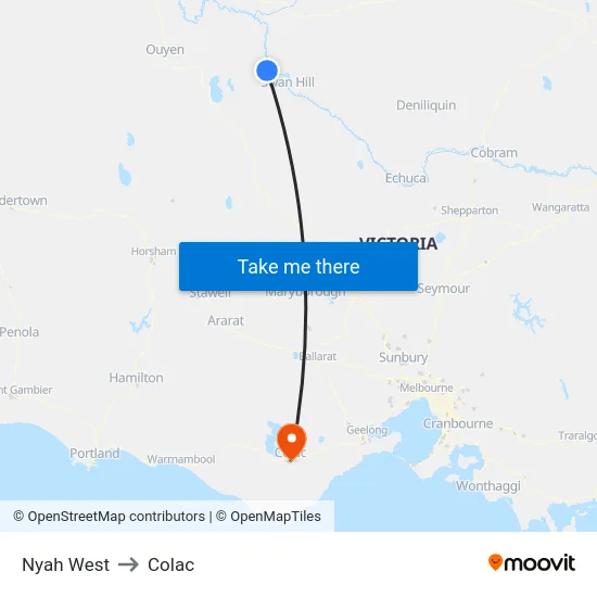 Nyah West to Colac map