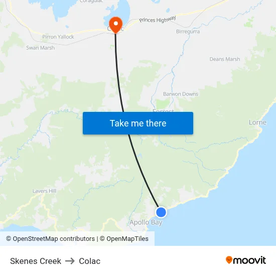 Skenes Creek to Colac map