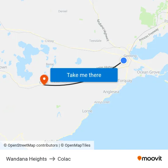 Wandana Heights to Colac map