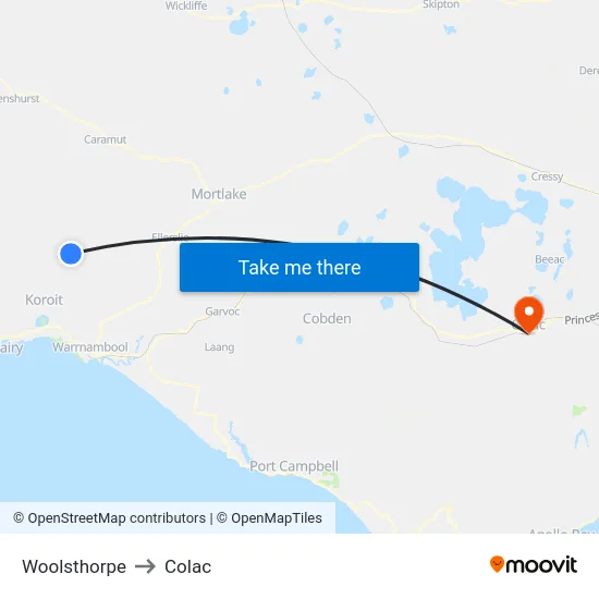 Woolsthorpe to Colac map
