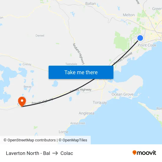 Laverton North - Bal to Colac map