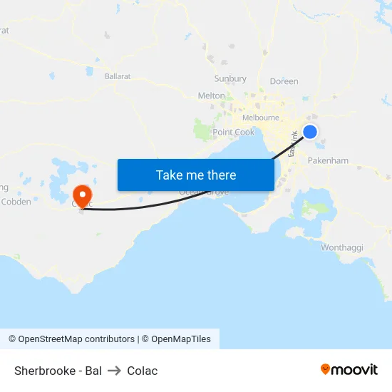 Sherbrooke - Bal to Colac map