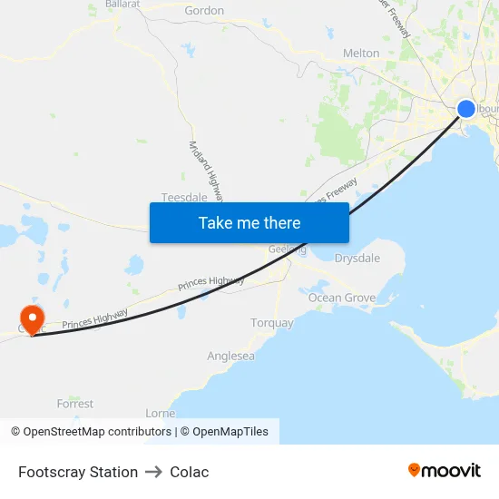 Footscray Station to Colac map