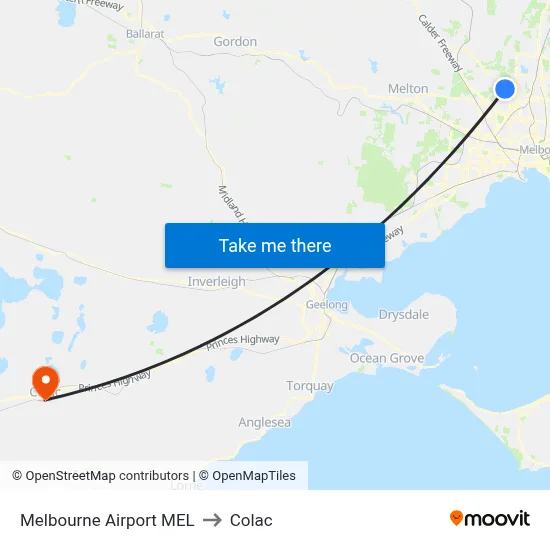 Melbourne Airport MEL to Colac map