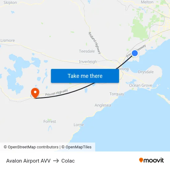 Avalon Airport AVV to Colac map