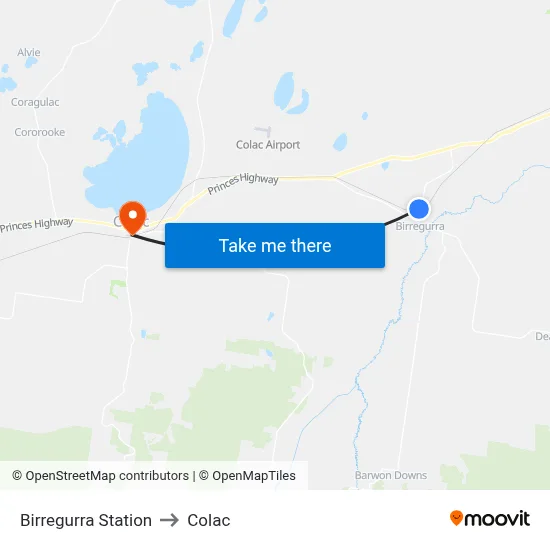 Birregurra Station to Colac map