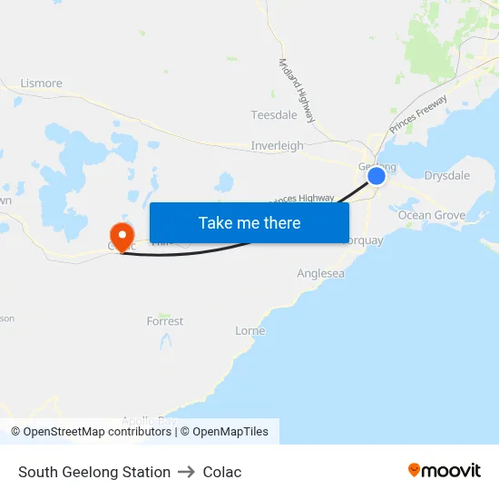South Geelong Station to Colac map