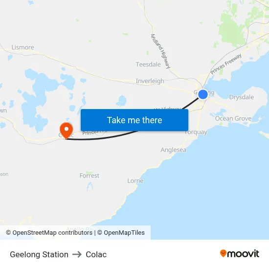 Geelong Station to Colac map