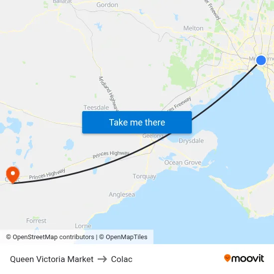 Queen Victoria Market to Colac map