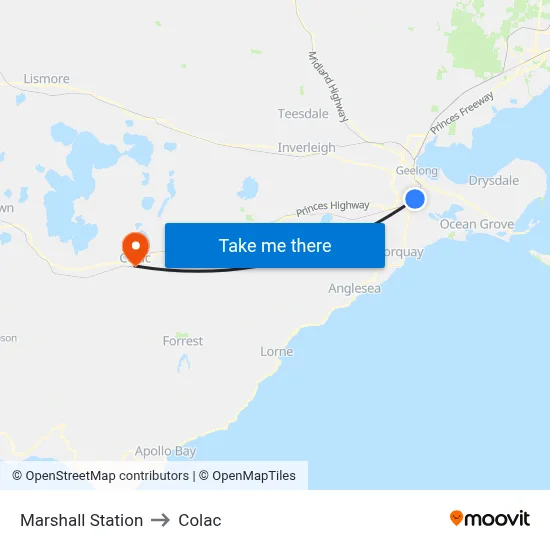 Marshall Station to Colac map
